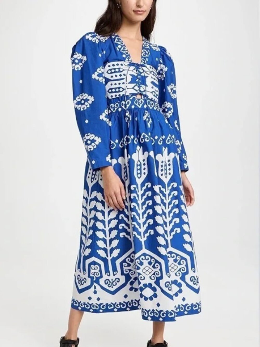 SEA New York Sonia Printed Cotton Blue White Patterned Maxi Dress Size 6